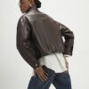 Brown Faux Leather Funnel Neck Bomber Jacket
