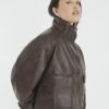 Brown Faux Leather Funnel Neck Bomber Jacket