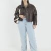Brown Faux Leather Funnel Neck Bomber Jacket