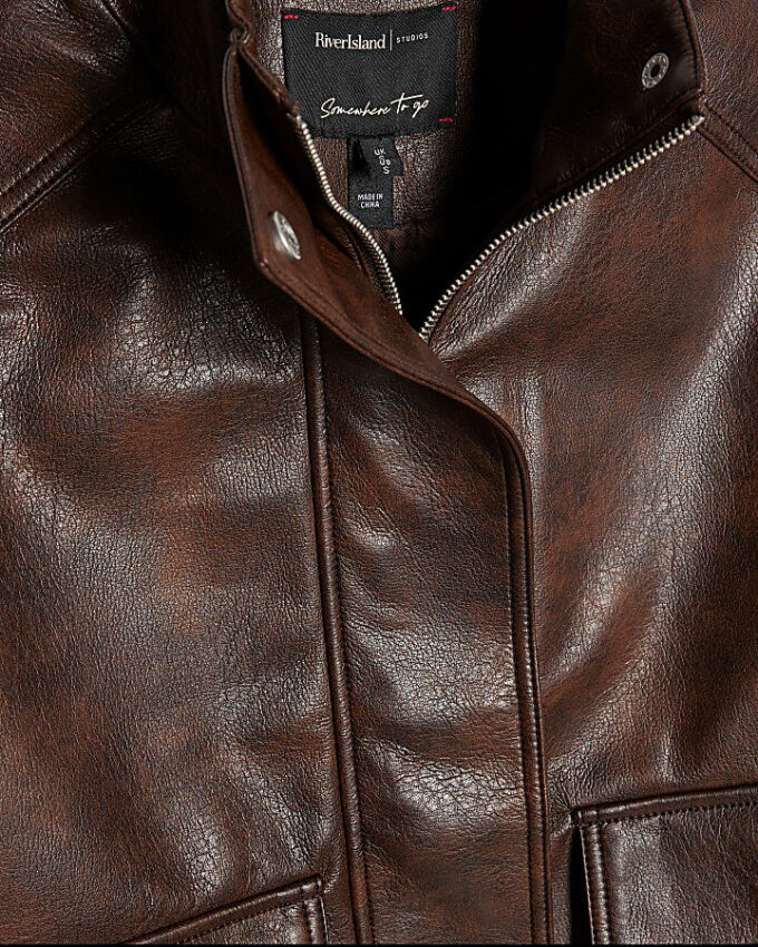Brown Faux Leather Funnel Neck Bomber Jacket