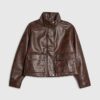 Brown Faux Leather Funnel Neck Bomber Jacket