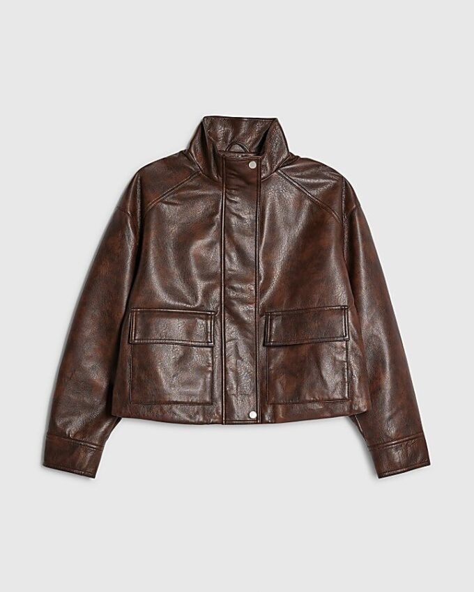 Brown Faux Leather Funnel Neck Bomber Jacket