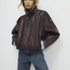 Brown Faux Leather Funnel Neck Jacket