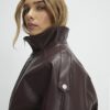 Brown Faux Leather Funnel Neck Jacket