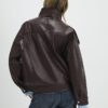 Brown Faux Leather Funnel Neck Jacket