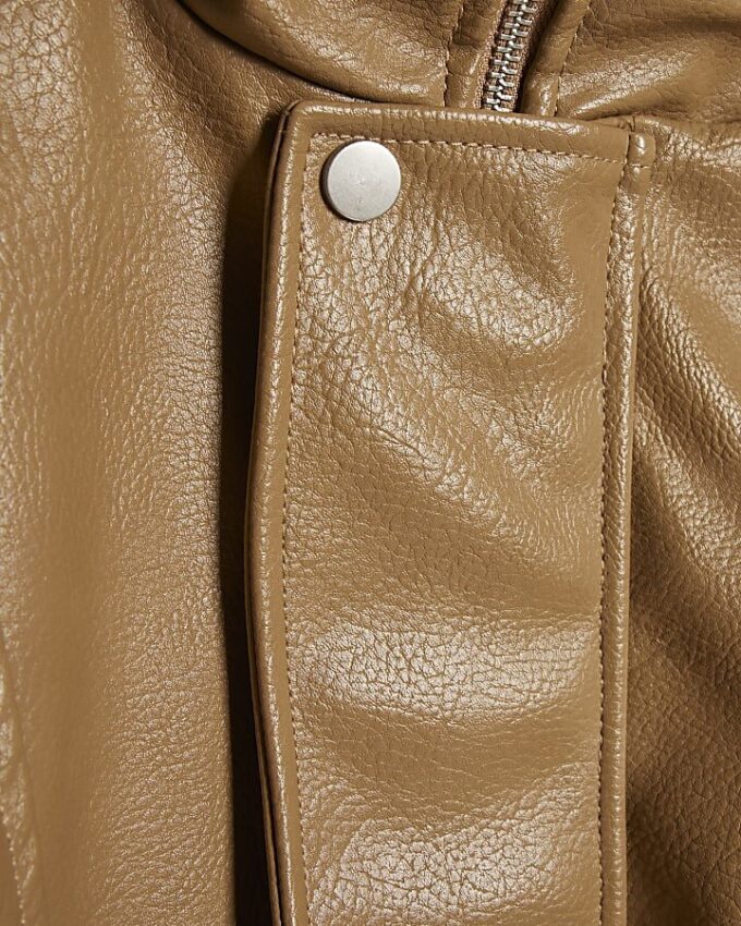 Brown Faux Leather Funnel Neck Jacket