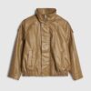 Brown Faux Leather Funnel Neck Jacket