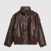 Brown Faux Leather Funnel Neck Jacket