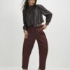 Brown Faux Leather Gathered Sleeve Jacket