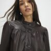 Brown Faux Leather Gathered Sleeve Jacket