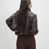 Brown Faux Leather Gathered Sleeve Jacket