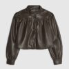 Brown Faux Leather Gathered Sleeve Jacket