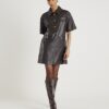 Brown Faux Leather Pocket Detail Shirt Dress