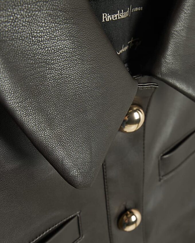 Brown Faux Leather Pocket Detail Shirt Dress