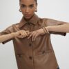 Brown Faux Leather Short Sleeve Pocket Shirt