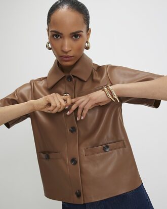 Brown Faux Leather Short Sleeve Pocket Shirt Brown Faux Leather Short Sleeve Pocket Shirt