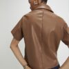 Brown Faux Leather Short Sleeve Pocket Shirt