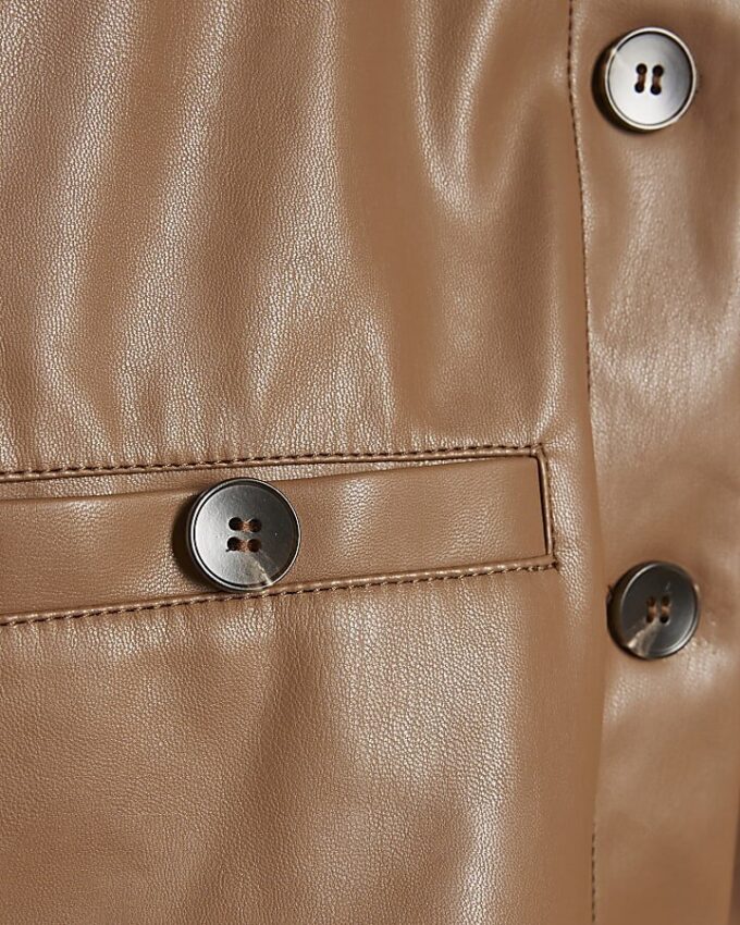 Brown Faux Leather Short Sleeve Pocket Shirt