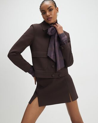 Brown Faux Leather Split Hem Mini Skirt