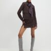 Brown Faux Leather Split Hem Mini Skirt