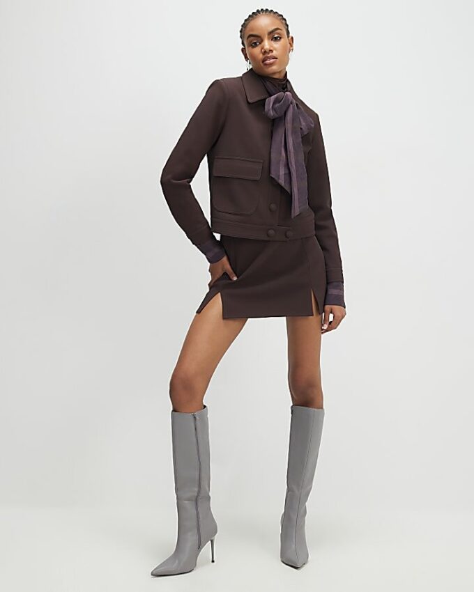 Brown Faux Leather Split Hem Mini Skirt