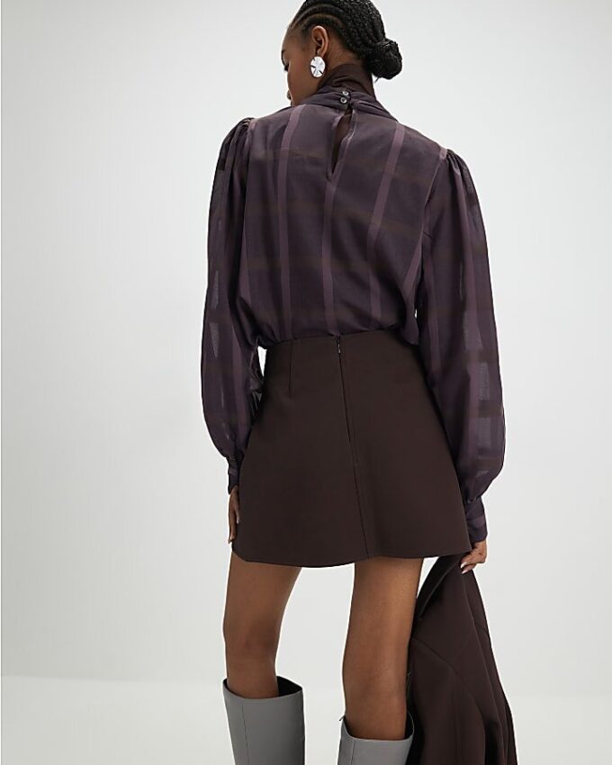 Brown Faux Leather Split Hem Mini Skirt