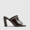 Brown Faux Leather Studded Block Heel Mules