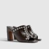 Brown Faux Leather Studded Block Heel Mules