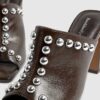 Brown Faux Leather Studded Block Heel Mules