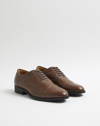 Brown Faux Leather Textured Lace Up Shoes