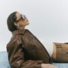 Brown Faux Leather Woven Bomber Jacket