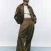 Brown Faux Leather Woven Bomber Jacket