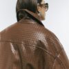Brown Faux Leather Woven Bomber Jacket