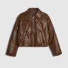 Brown Faux Leather Woven Bomber Jacket