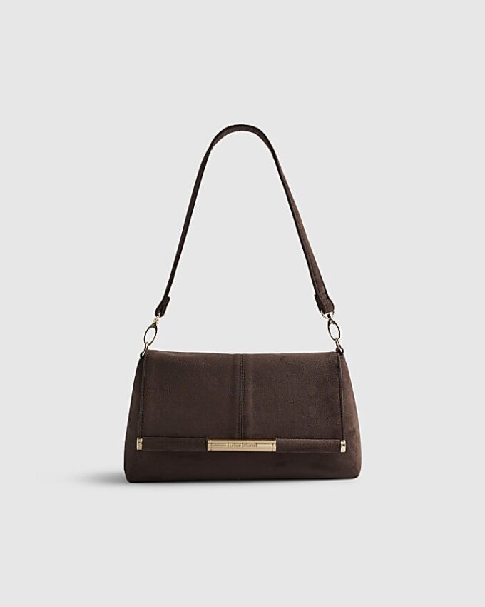 Brown Faux Suede Bar Front Clutch Bag