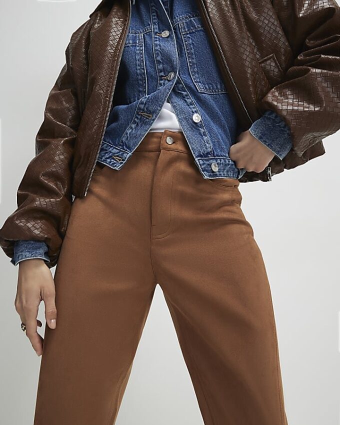 Brown Faux Suede Barrel Leg Trousers