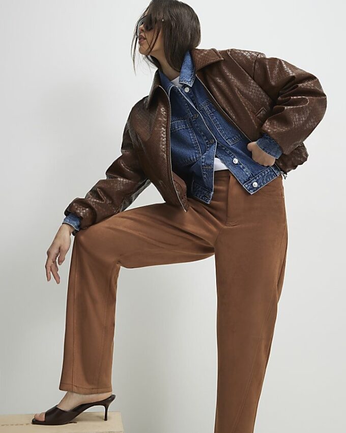 Brown Faux Suede Barrel Leg Trousers