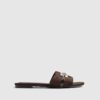 Brown Faux Suede Branded Flat Mule Sandals