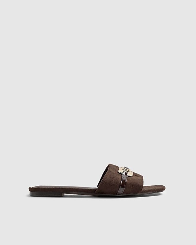 Brown Faux Suede Branded Flat Mule Sandals