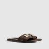 Brown Faux Suede Branded Flat Mule Sandals