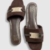 Brown Faux Suede Branded Flat Mule Sandals