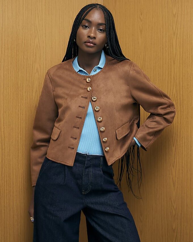 Brown Faux Suede Button Up Trophy Jacket
