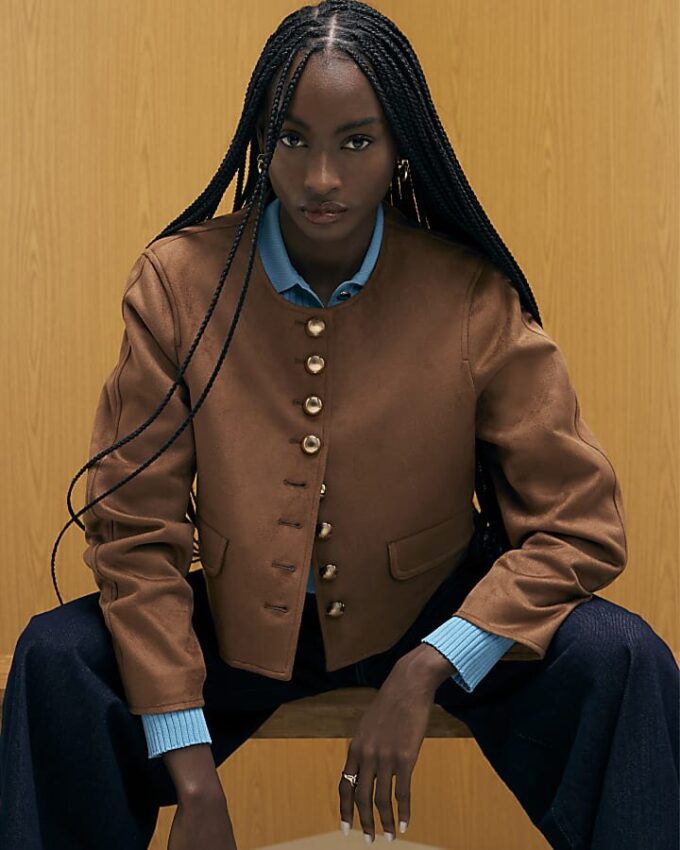 Brown Faux Suede Button Up Trophy Jacket
