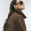 Brown Faux Suede Collared Bomber Jacket