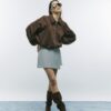 Brown Faux Suede Collared Bomber Jacket