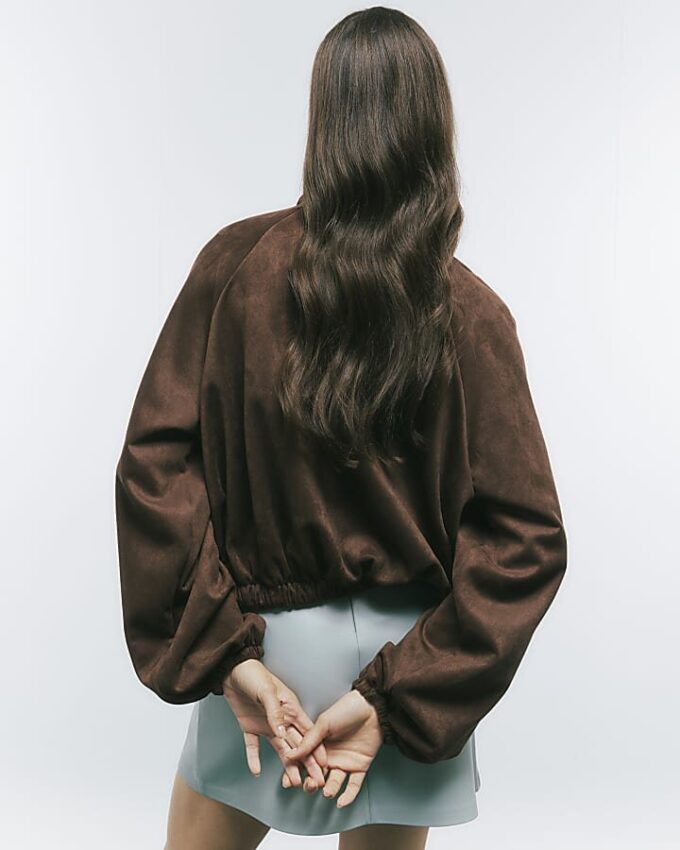 Brown Faux Suede Collared Bomber Jacket