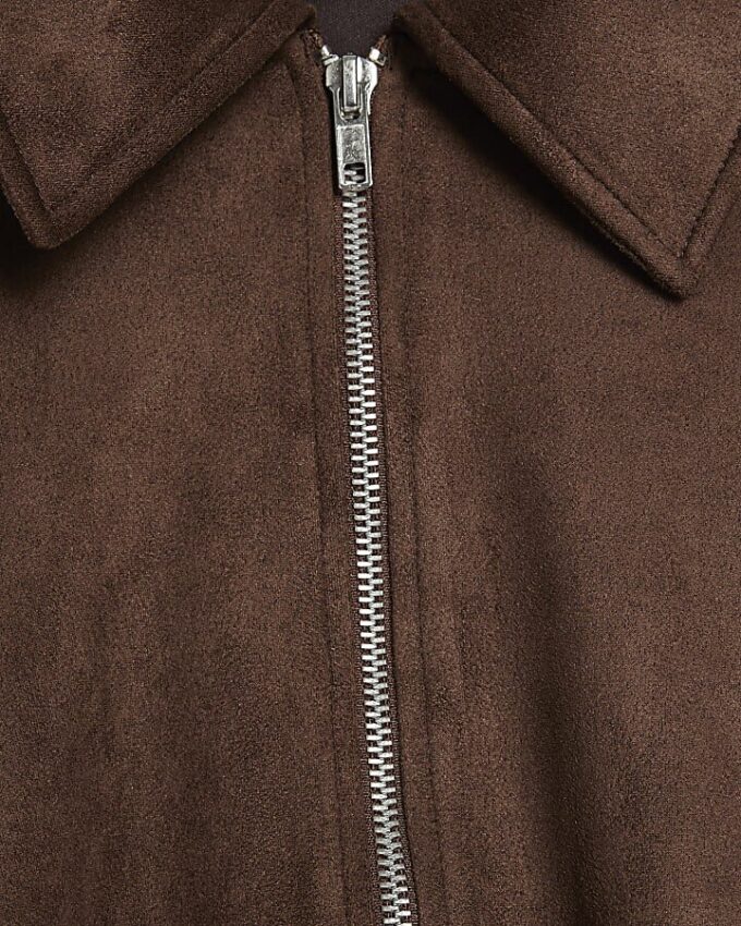 Brown Faux Suede Collared Bomber Jacket
