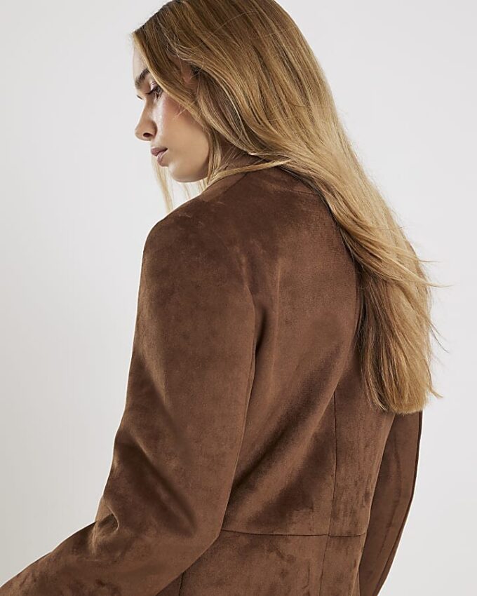 Brown Faux Suede Collarless Blazer