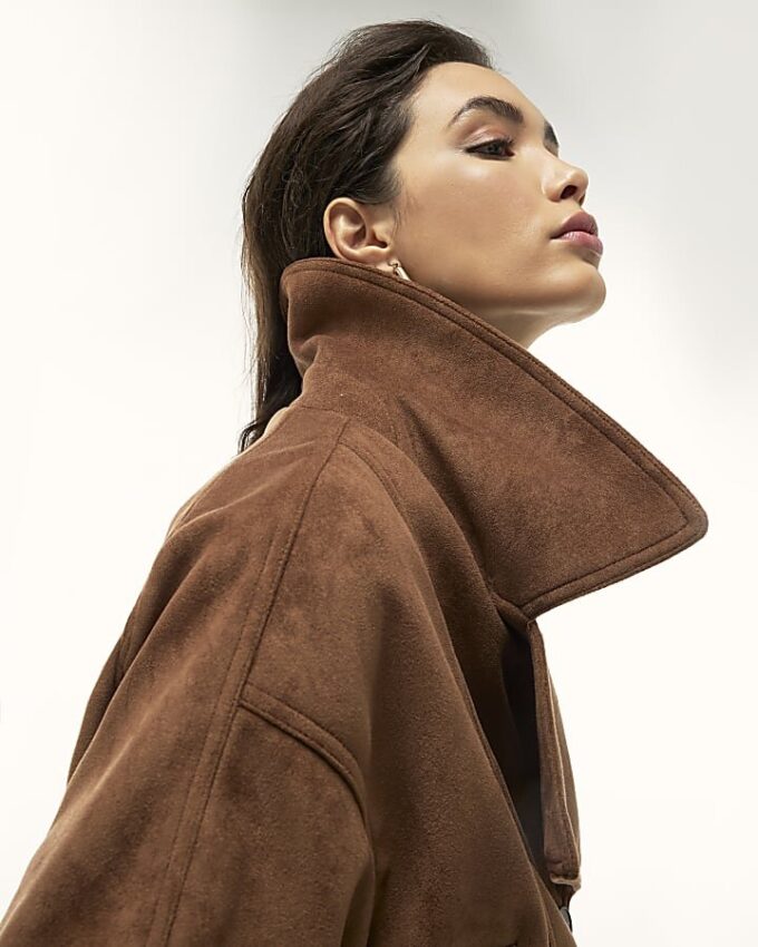 Brown Faux Suede Dropped Bomber Jacket
