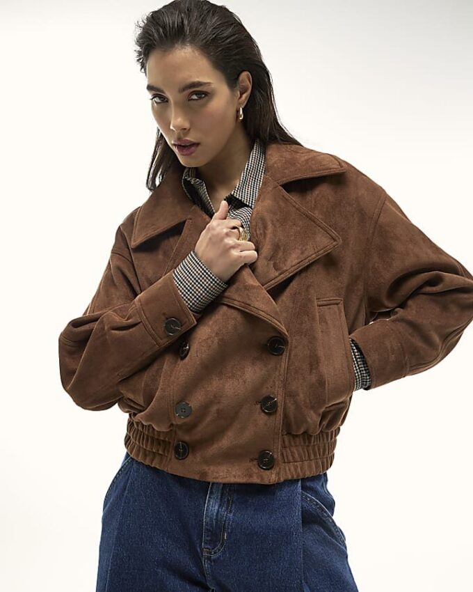 Brown Faux Suede Dropped Bomber Jacket